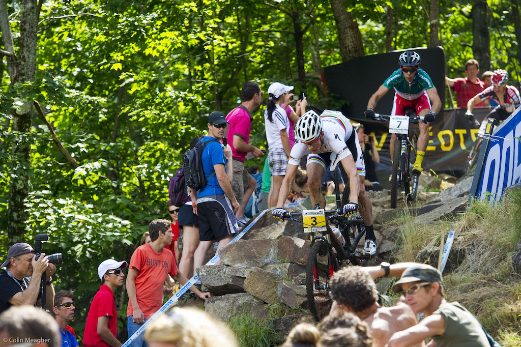 The rainbow stripes mean you are a big bad. MF. Jaroslave Kulhavy definitely fits that descriprition he s at least ten feet tall is a made man in the Czech Republic and eats small XC racers for breakfast. Third on the day.