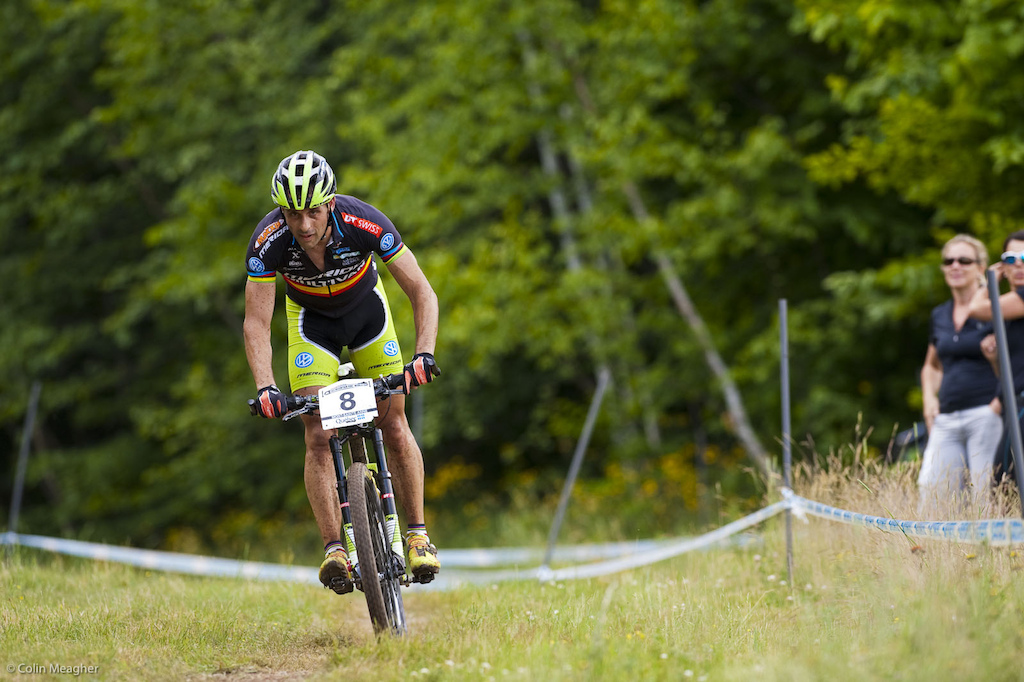 No pornstar stache on Hermida this time at MSA but still on a mission to dominate. Unfortunately he simply could not get around Schurter in the closing moments of the race in what turned out to be a sprint finish and Schurter is a frickin assasin in a sprint compared to most XC racers--Hermida included. Look for Hermida to come out swinging at Windham NY next week.