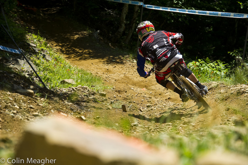 I had a fantastic upper section but I was a bit too cautious in the woods on my race run. It was a good run but being conservative in the woods...it cost me a podium. -Justin Leov.