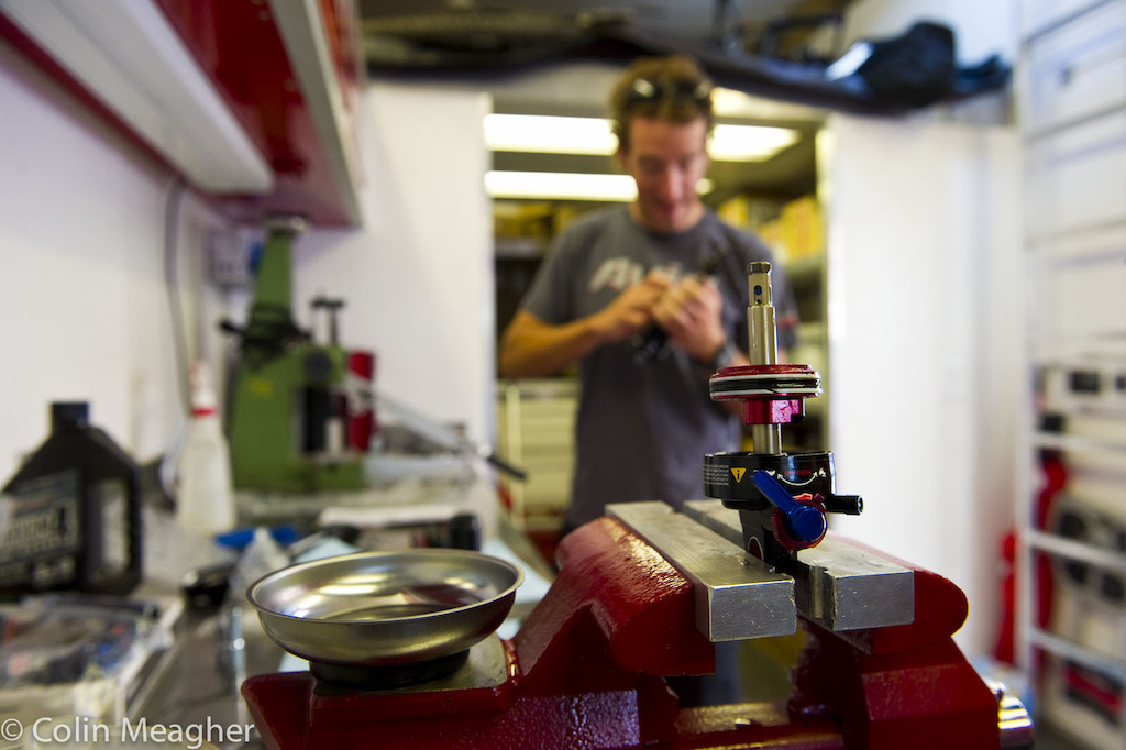 Grinding away in the SRAM mobile tech support rig. Need an overhaul Get in line. It may take a while but it will be done in time for your next practice regardless of your discipline.