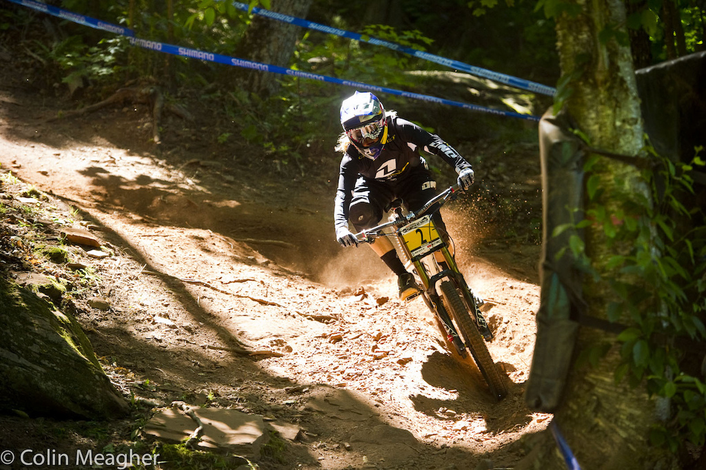Rachel Atherton finding her groove in the upper section. More than one rider struggled here but Rachel was silent and deadly.