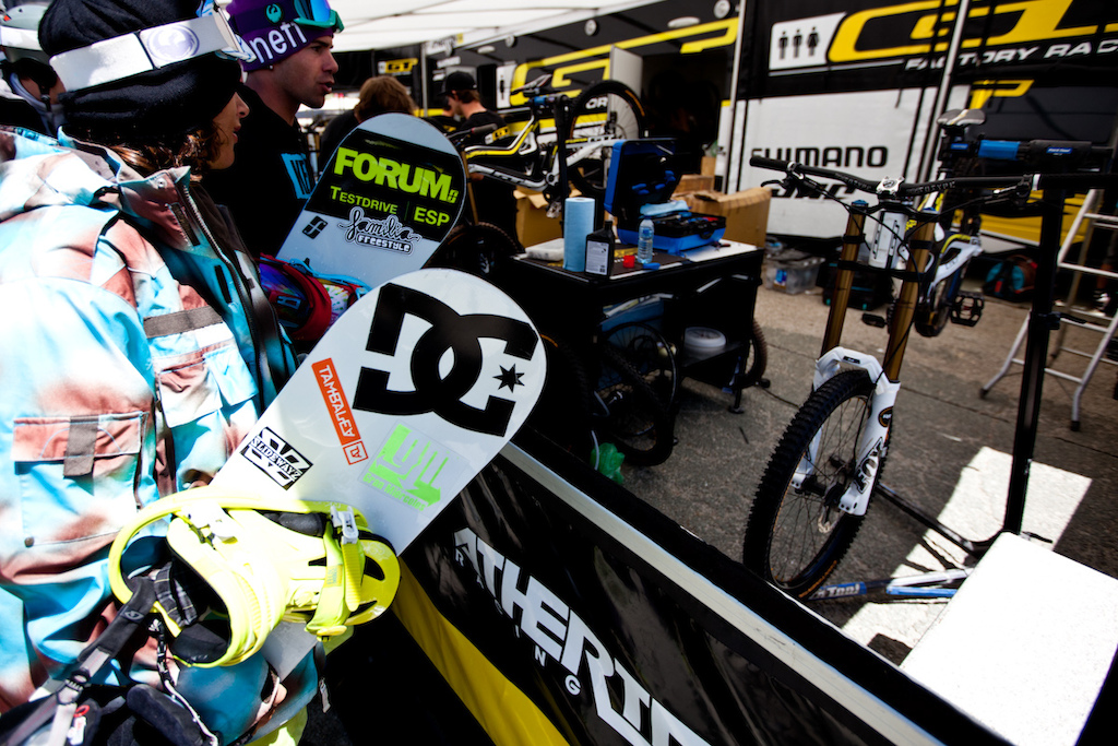 Snowboarders check out the Atherton racing pits at Crankworx Les deux Alpes in France.