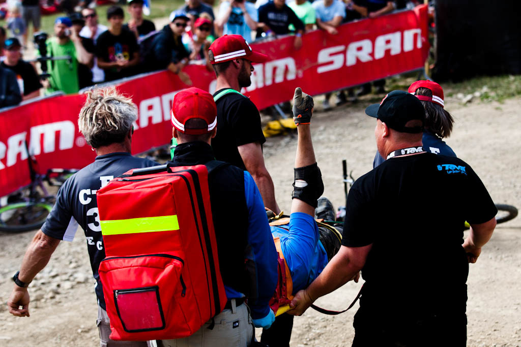 Sam Reynolds went down hard on a double flip and cracked two vertebrae in his back. With an attitude like this - thumb s up in a bad situation - we know he ll be back in no time