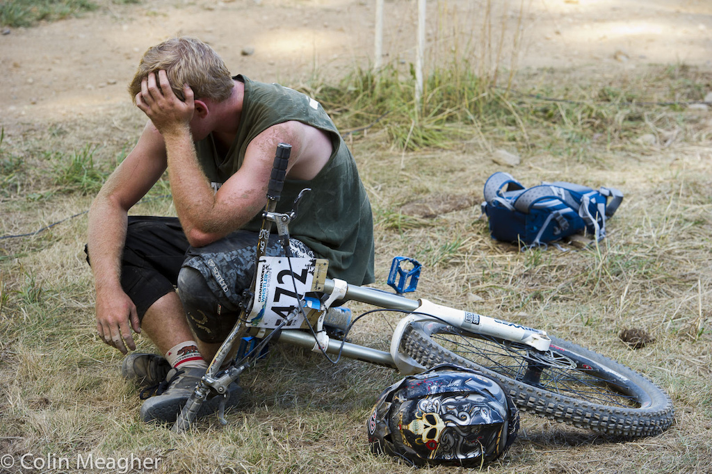 Alastair Fowler came up a hair short on a gap jump near the bottom of the track during training and rattled his cage but good. The stunned rider from the UK was shook up but philosophical Looks as if I will need a new helmet.