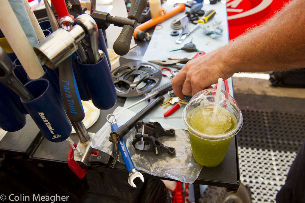 You want your bike worked on 32C 90F in the shade means the mechanics in the pro pits were treated to a never ending supply of slushy drinks to beat the heat from their riders.