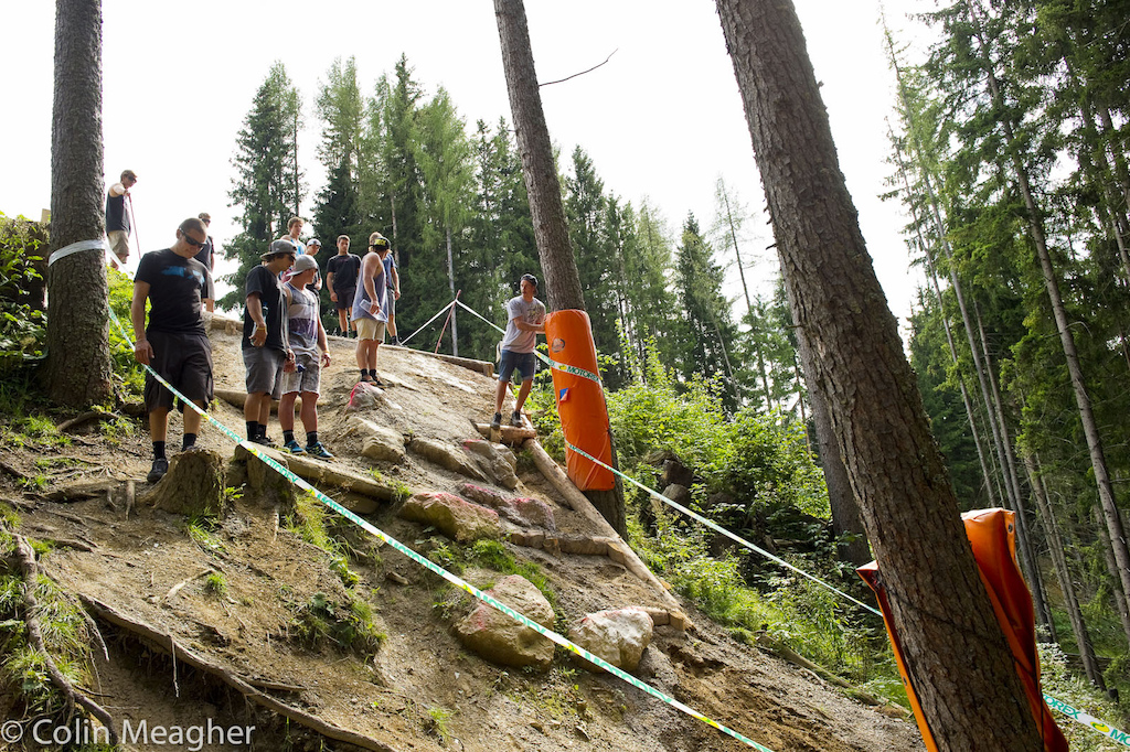 A profile view of the boys walking the roll-over into the woods.