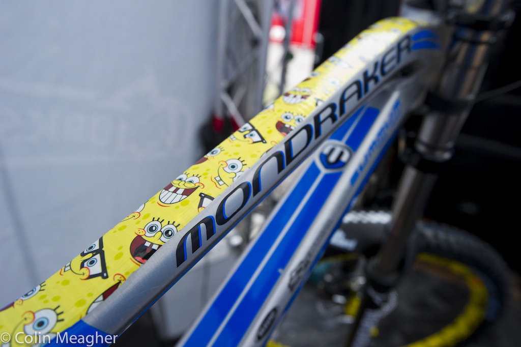 So many bikes here in Leogang have custom Worlds decorations that Brook Macdonald s mechanic on MS-Mondraker decided to do something special for Brook s bike...