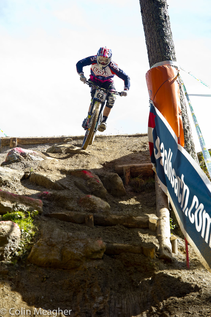 Logan Binggeli dropping into first woods.