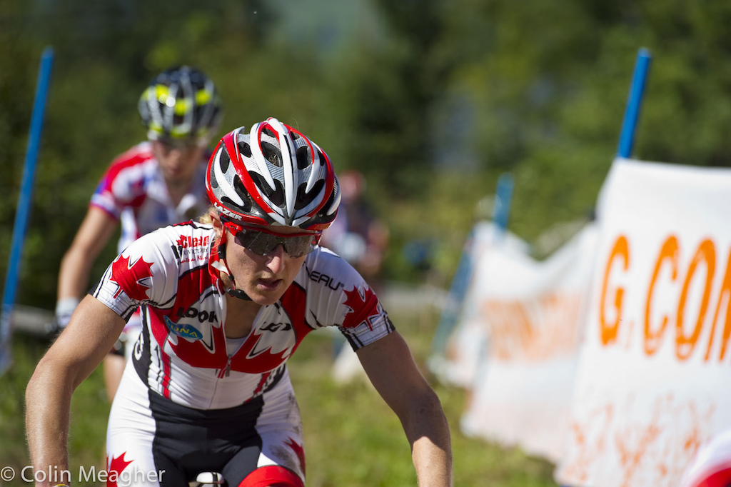 Catharine Pendrel was riding the technical terrain very tentatively. And she wasn t really looking like her usua self. Then she took a header off of the rock drop and got-for lack of a better term-fired up. Her lap two and lap three times were right there Pendrel of Mt St Anne and Windham but then the wheels came off a bit and she eased back--slowly--to eleventh on the day.