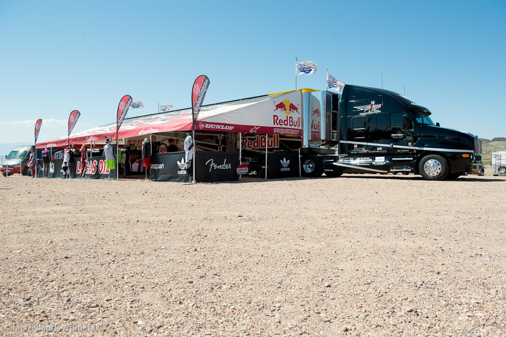 Troy Lee set up with their moto trailer for Dirt Demo that s a seriously large amount of space in that pit.