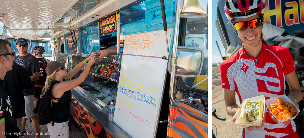 Food trucks with amazing food keeping all the hungry people happy. Lea Davison grabs a greek meatball sandwich with yam tater tots from Haulin Balls. Yum