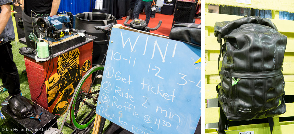 Green Guru recycles innertubes into some really nice bags and packs. And at the show they re getting people to ride a bike to generate the power to do it....