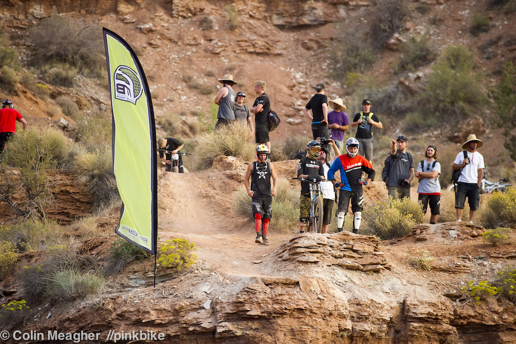 Stepping down... Doerfling Sorge and Vanderham looking over the step down that leads to Gee s wall ride line of two years ago.
