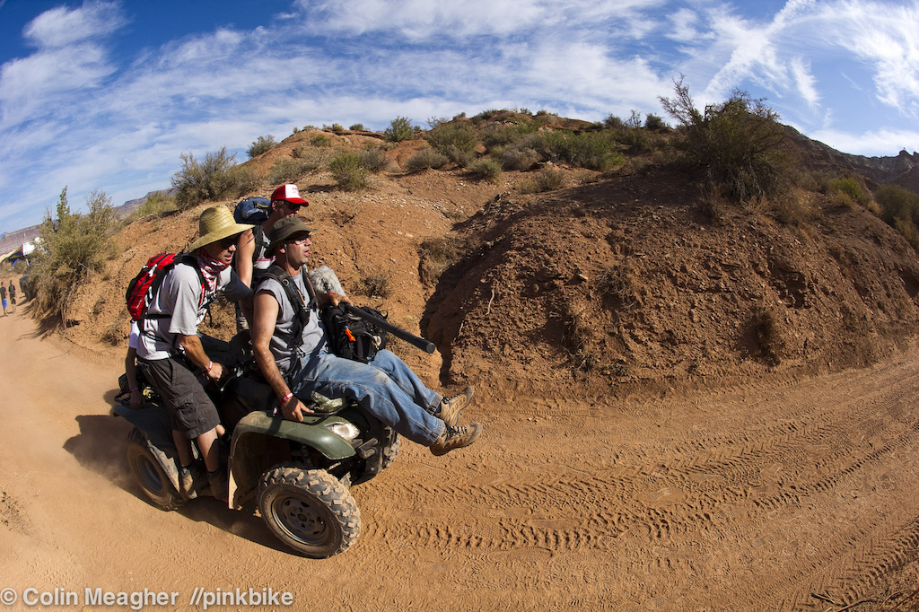 It used to be clowns and small cars now it s media nerds and quads. There are 4 videographers clowning their way up the hill on this ride.
