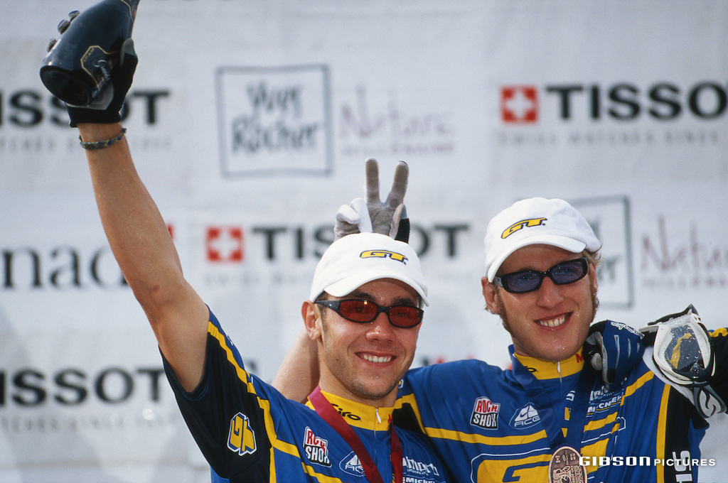Fabien Barel 1st and Steve Peat 3rd on the podium at the 2000 Quebec World Cup. John Gibson photo www.gibsonpictures.com