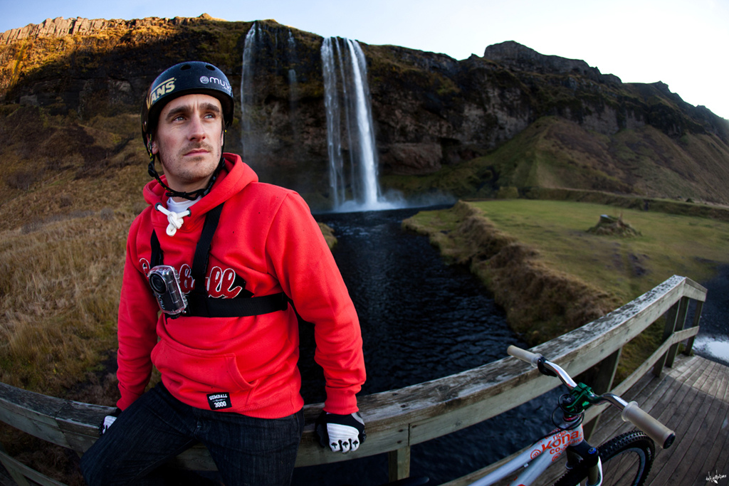 grant in front of the waterfall