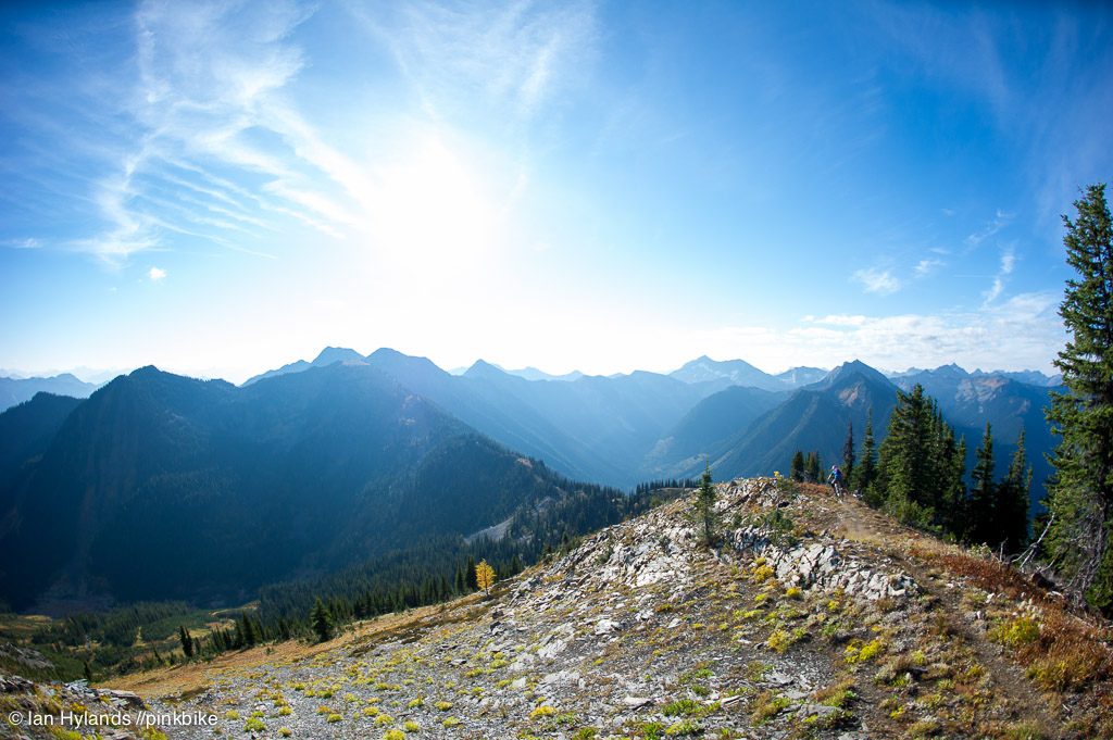 Lindsey Voreis rides her bike in the Alpine above Retallack Lodge near Kaslo BC